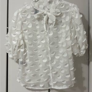 Elegant White Textured Blouse with Bow